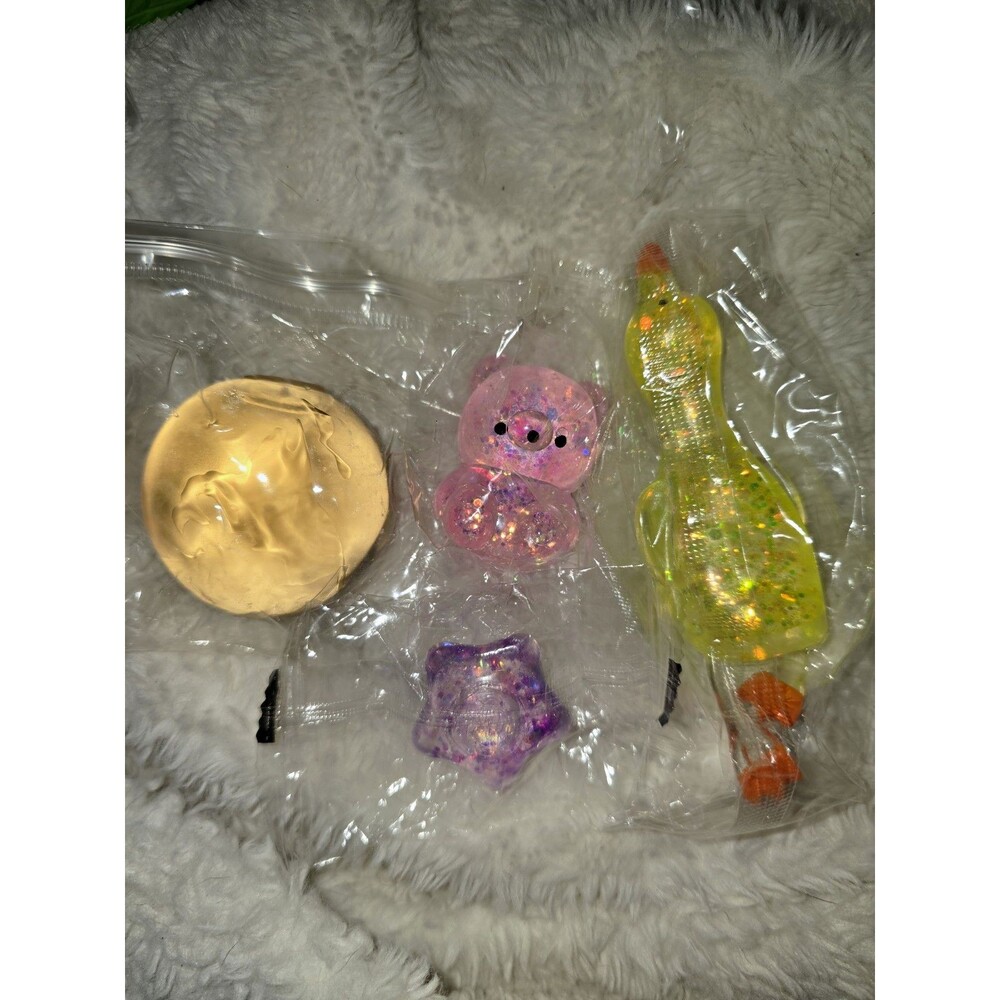 Squishy Sensory Squeeze Toys Lot of 4 Duck Bear Star Ball, Yellow Pink 3+